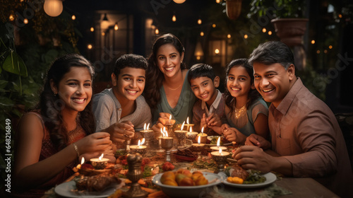 Indian family celebrating diwali festival together at home.