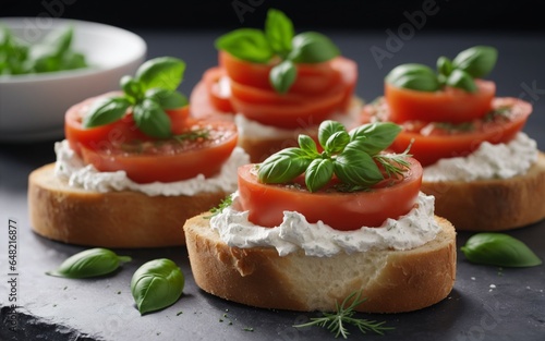 Bruschetta with cheese, tomato and basilia photo