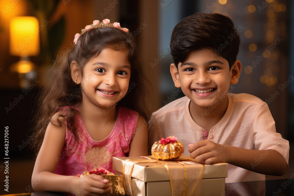 Little boy and girl giving gifts to each other on diwali festival. Little boy and girl giving gifts to each other on diwali festival.