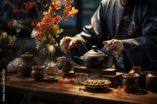 A tea ceremony in progress  emphasizing the cultural significance of tea in many Asian countries. Generative Ai.