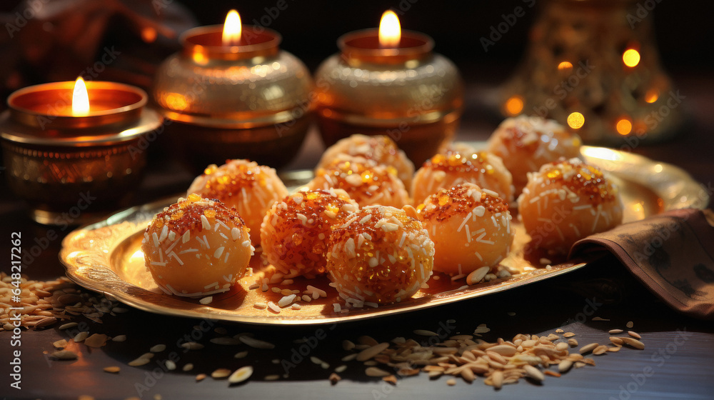 Indian sweet dish laddoo made from Chickpea flour or wheat flour on diwali festival.