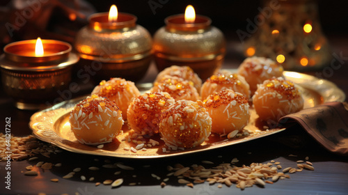 Indian sweet dish laddoo made from Chickpea flour or wheat flour on diwali festival.