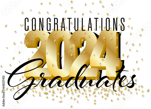 Congratulations 2024 Graduation Celebration with Party Fun Celebration Confetti in Gold on an Isolated Transparent Background for Invitations, T-shirts, Mugs