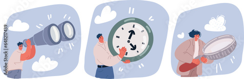 Vector illustration of Character of Businesswoman in concept of vision and strength, superhero. Man looking throught binocular.