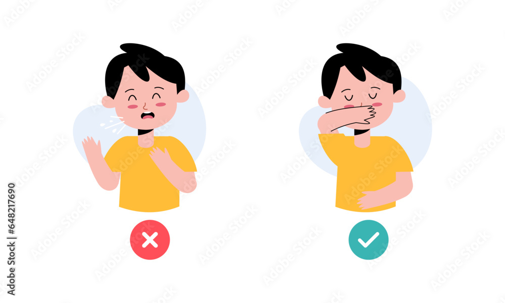 Kids Character Catching Flu. Kids Coughing and Sneezing in Right and Wrong Way Illustration Kids Character Catching Flu. Kids Coughing and Sneezing in Right and Wrong Way Illustration