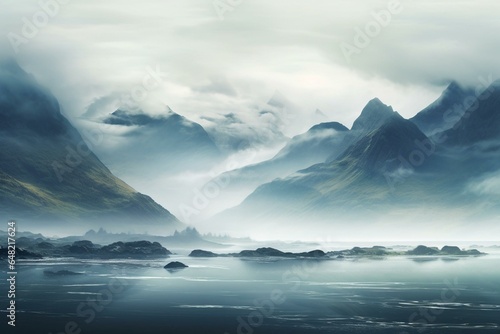 Foggy landscape with sea and mountains in a dramatic and mystic ambiance. A panoramic wallpaper. Generative AI