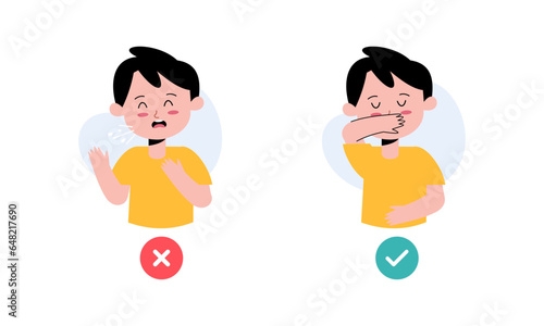 Kids Character Catching Flu. Kids Coughing and Sneezing in Right and Wrong Way Illustration