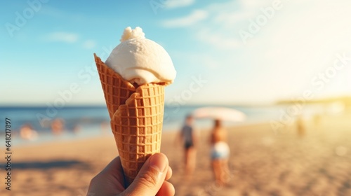 Vanilla Gelato Ice Cream Cone on Beach