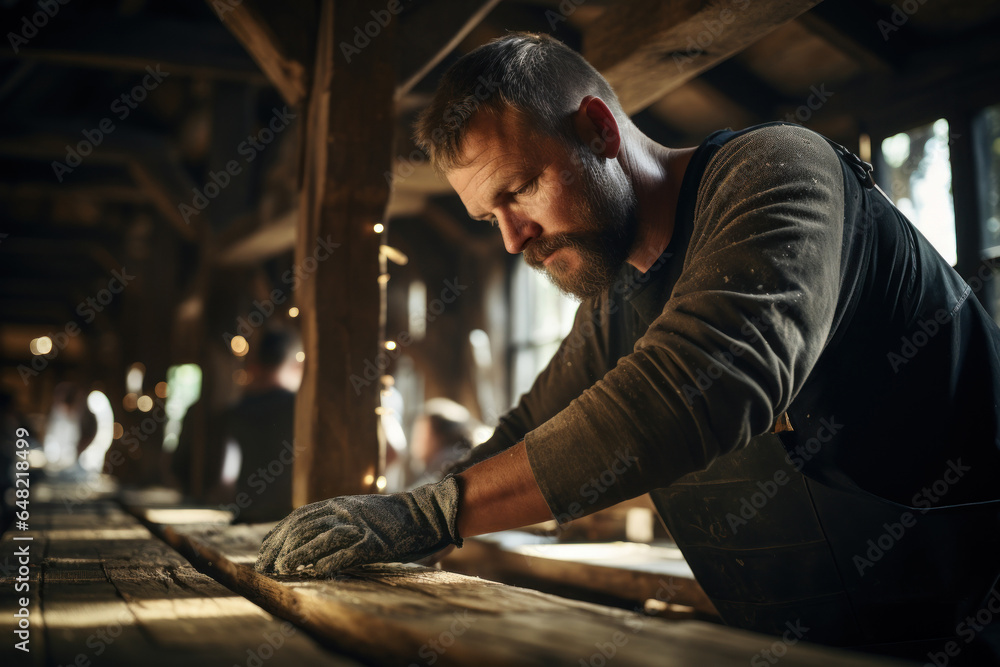 Skilled carpenters restoring the wooden beams of a heritage farmhouse. Generative Ai. Skilled carpenters restoring the wooden beams of a heritage farmhouse. Generative Ai.