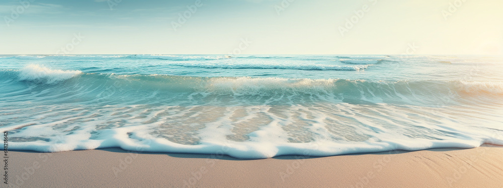 Blue wave covers the white sand beach, foam soft wave, copy space