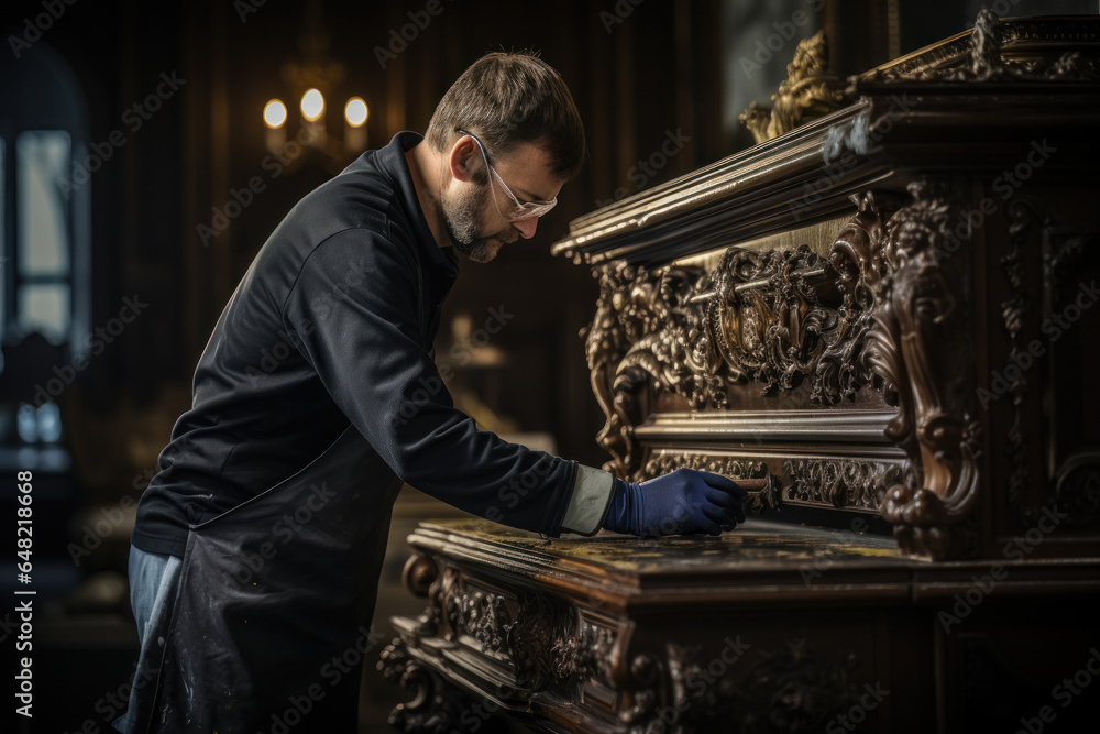 A conservator meticulously cleaning and preserving an antique piece of furniture. Generative Ai. A conservator meticulously cleaning and preserving an antique piece of furniture. Generative Ai.
