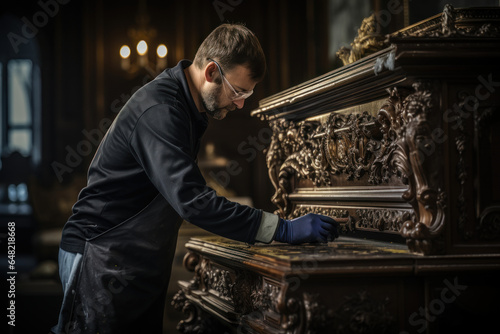 A conservator meticulously cleaning and preserving an antique piece of furniture. Generative Ai. © Sebastian