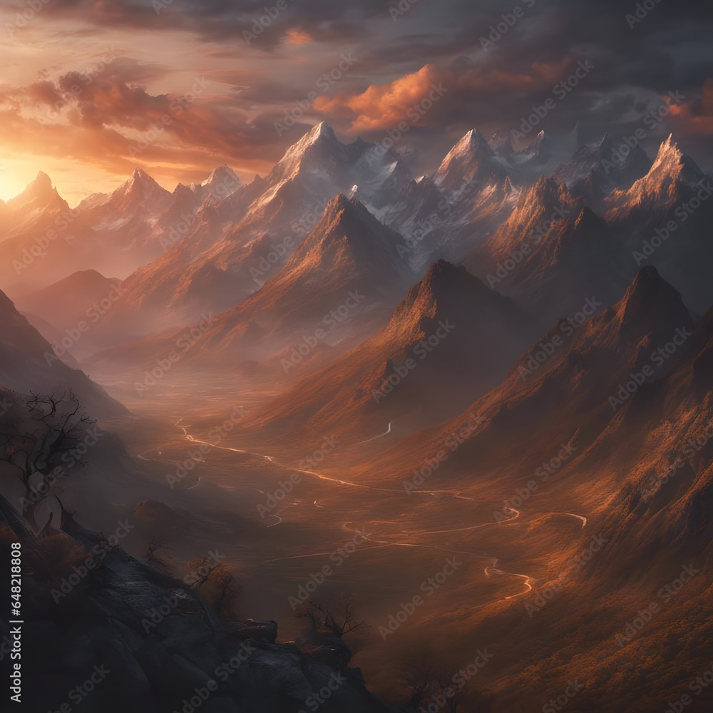 Painting of sunset in the mountains