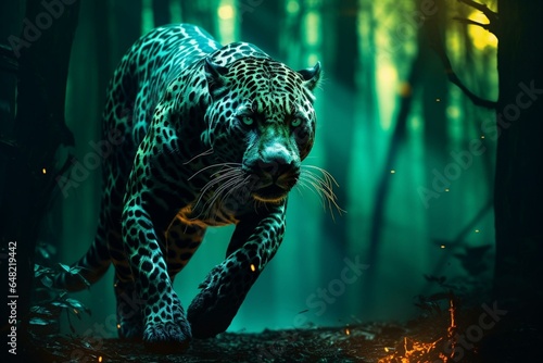 Jaguar walking through forest with glowing green lights emanating from its body. Generative AI