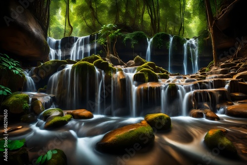 Panoramic beautiful deep forest waterfall deeper into the heart of the pristine forest, a symphony of life surrounds you. 