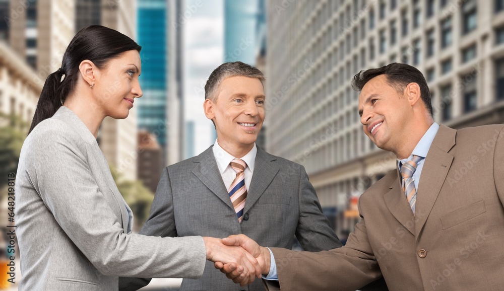 Business partners shaking hands on office building background, AI generated image Business partners shaking hands on office building background, AI generated image
