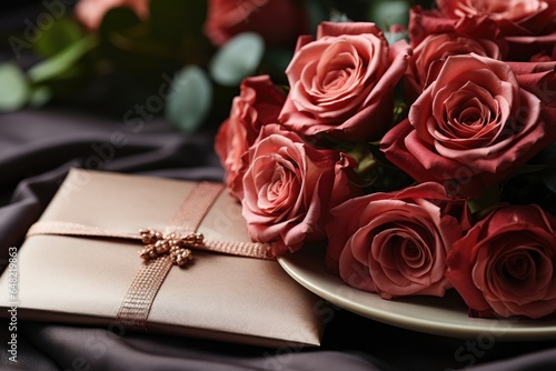Bouquet of red roses and gift with ribbons on wooden table, close up. Wedding or Valentine's Day celebration