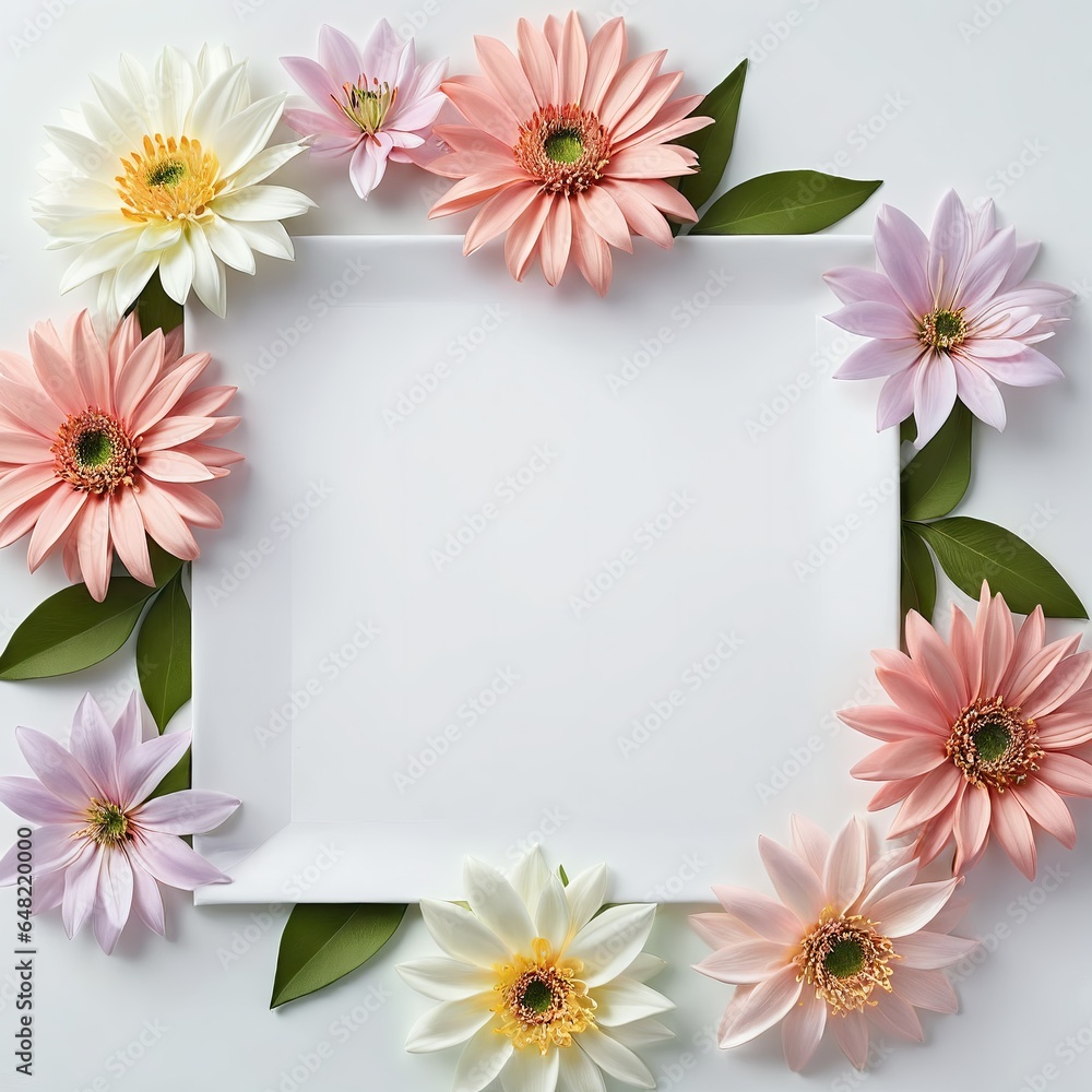 Fototapeta premium Wedding multicolored floral border on white card on monotone background