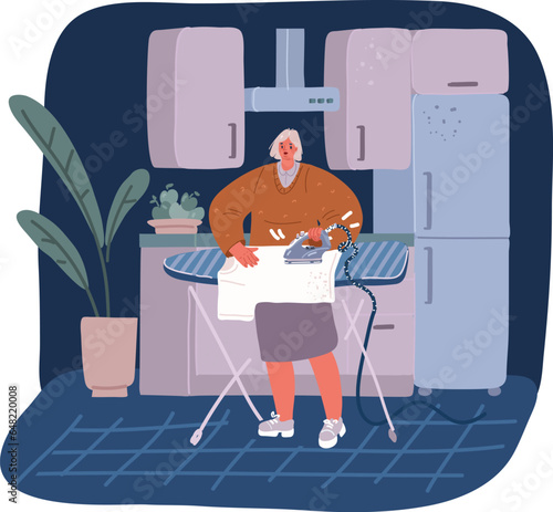 Cartoon vector illustration of Pretty housewife in good mood with iron and. She is concentrated on doing homework with joy