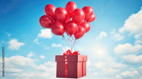 Gift box on many heart shaped red balloons flying in blue sky with white clouds