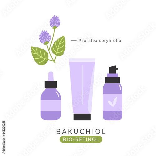 Bakuchiol and cosmetic bottles illustration