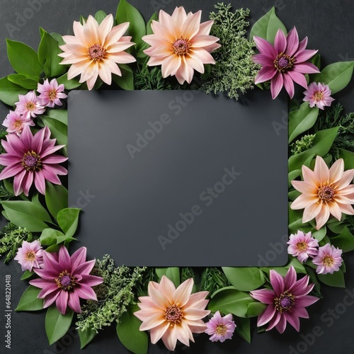 Dark grey background framed by vibrant pink, purple, and orange flowers