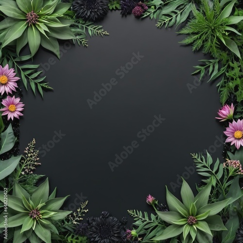 Dark grey background framed by vibrant pink, purple, and orange flowers