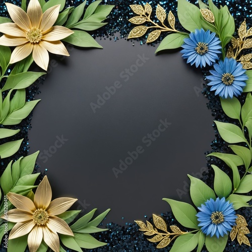 Golden leaves and blue flowers adorn a black square frame on a glittery backdrop