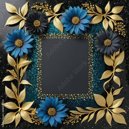 Golden leaves and blue flowers adorn a black square frame on a glittery backdrop