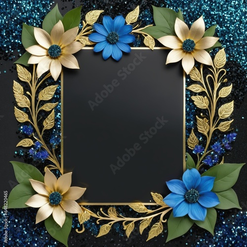 Golden leaves and blue flowers adorn a black square frame on a glittery backdrop