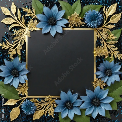 Golden leaves and blue flowers adorn a black square frame on a glittery backdrop