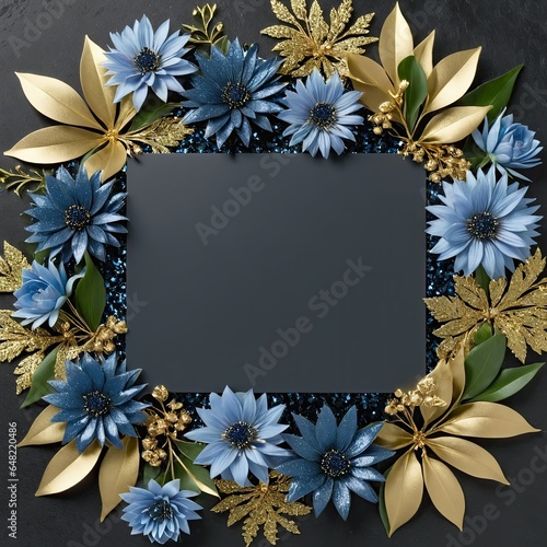 Golden leaves and blue flowers adorn a black square frame on a glittery backdrop