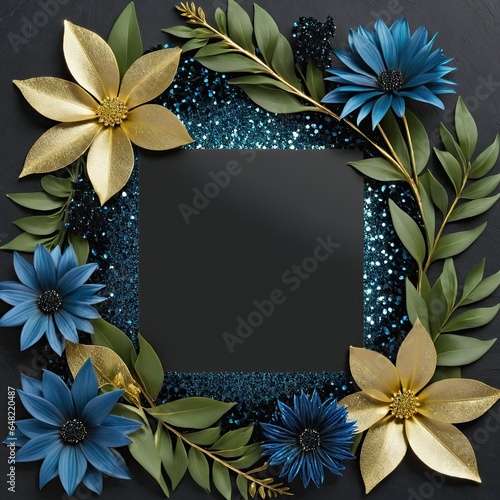 Golden leaves and blue flowers adorn a black square frame on a glittery backdrop
