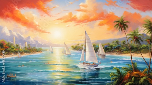 an artistic representation of a tropical paradise regatta with sailboats racing on azure waters