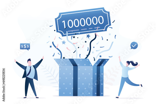 Happy and lucky winners celebrating winning lottery or contest. Big box with confetti and money prize. Winning cash prize, rewarding. Love couple or friends celebrate.