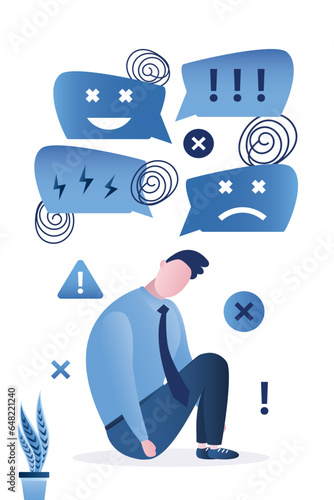 Lot of negative reviews about business or service make business owner or entrepreneur suffer. Frustrated businessman worries about bad customer reviews and low business rating.