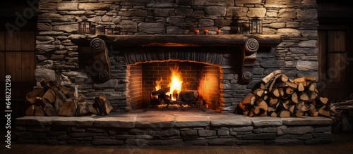 Stone fireplace ablaze
