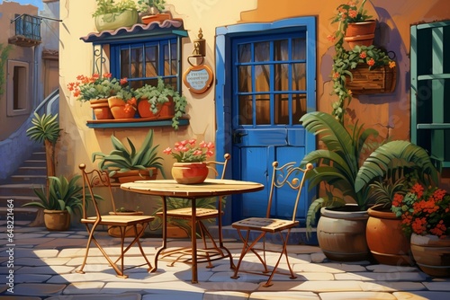 An artwork depicting a table  chairs  courtyard  potted plants  building  and door. Generative AI