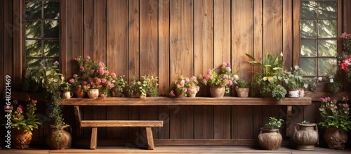 Vintage house with wooden board walls potted flowers in a wall window and high resolution design photo