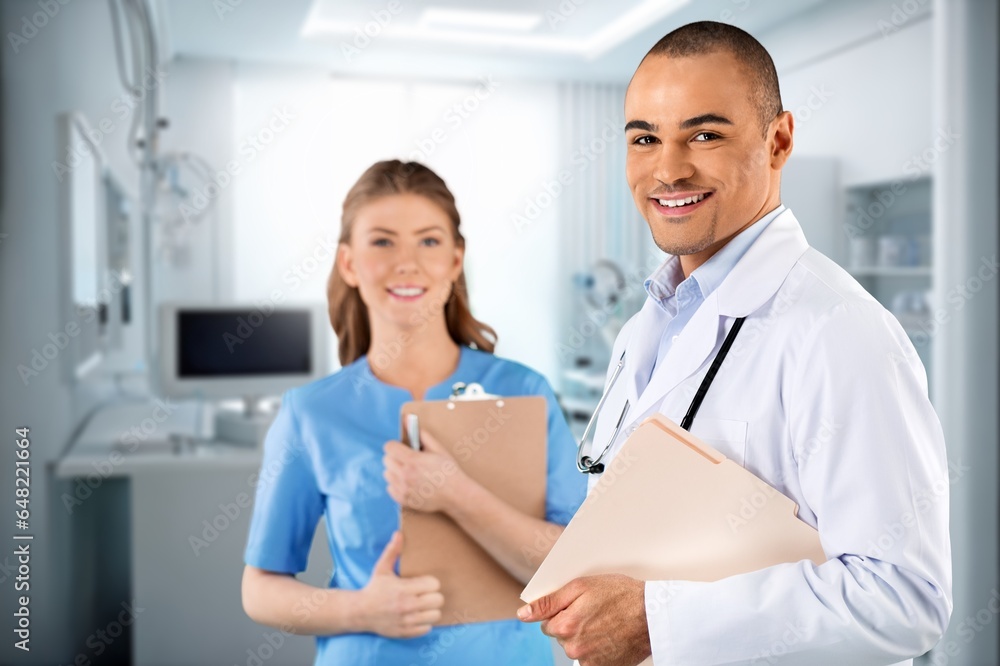 Team of happy doctors analyzing diagnosis in hospital, AI generated image Team of happy doctors analyzing diagnosis in hospital, AI generated image
