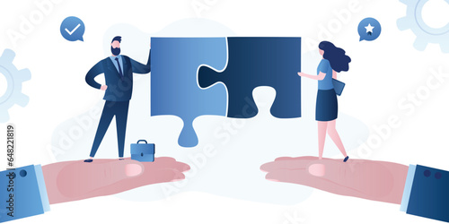 Giant hands hold businessmen making deal. Online platform or service for b2b communication. Helping business find partners and close profitable deals. People put puzzle pieces together