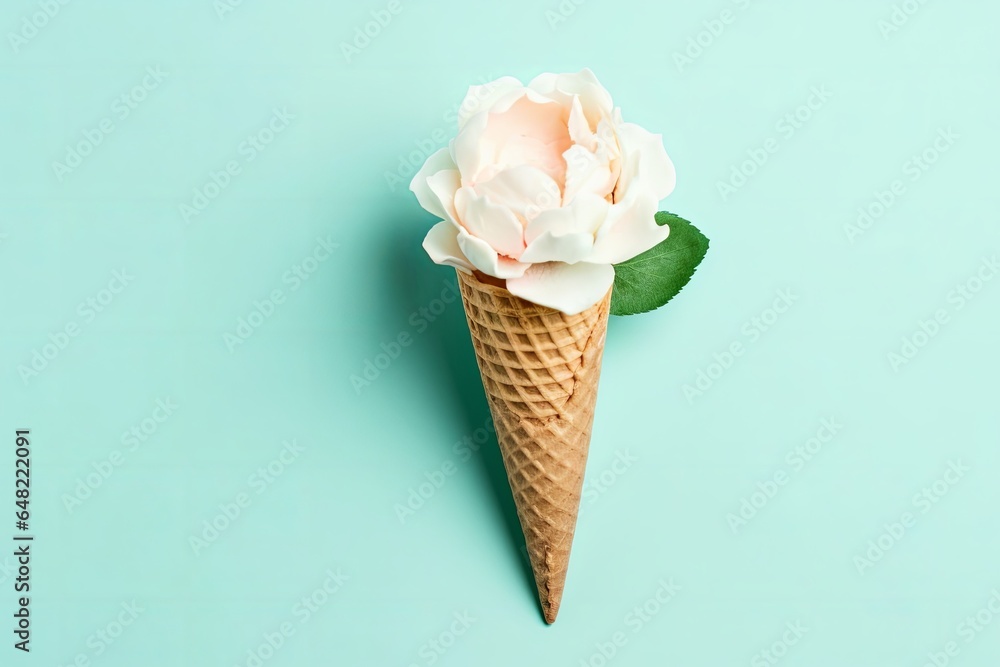 Flat-lay of waffle cone with peony flower over pastel light blue background, top view, Generative AI Flat-lay of waffle cone with peony flower over pastel light blue background, top view, Generative AI