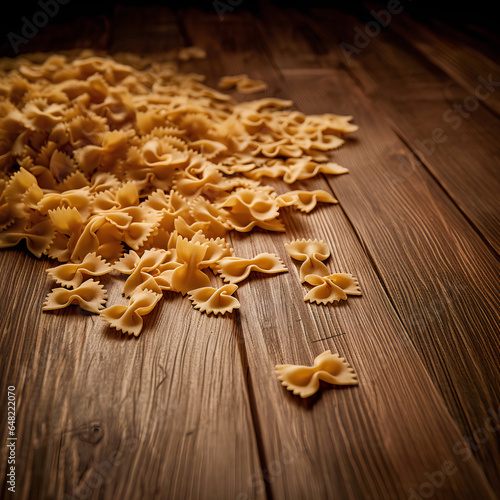 Raw farfalle pasta on dark wooden background.
