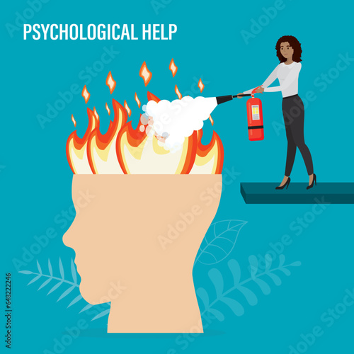 Human mind is on fire, psychotherapist uses fire extinguisher to put out flame in head. Medical care, psychological support. Medical appointment with woman psychiatrist, metaphor.