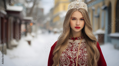 beautiful woman with very long straight hair looking to the side, wearing russian kokoshnik and red short dress standing outside in the street, christmas dress, snow, strong facia, Generative AI photo