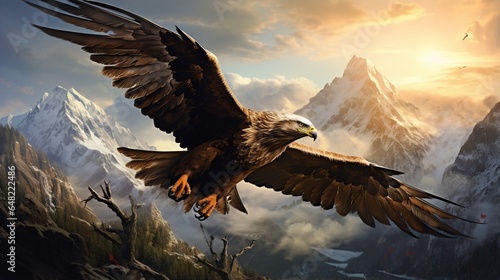 an artistic representation of a golden eagle soaring above a rugged alpine landscape