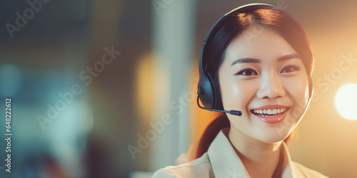 Cheerful asian woman customer support representative ready to assist. call center professional in headset.