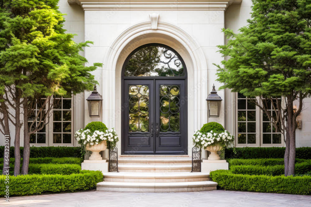 Arched Black Front Door. Entrance In A Beautiful Modern House With Trees And Green Plants. Ai Generated. Arched Black Front Door. Entrance In A Beautiful Modern House With Trees And Green Plants. Ai Generated.