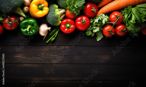 Vegetables on black wood background. Vegetarian organic food banner. Cooking ingredient.
