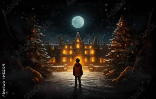 Boy looking at house during Christmas night
